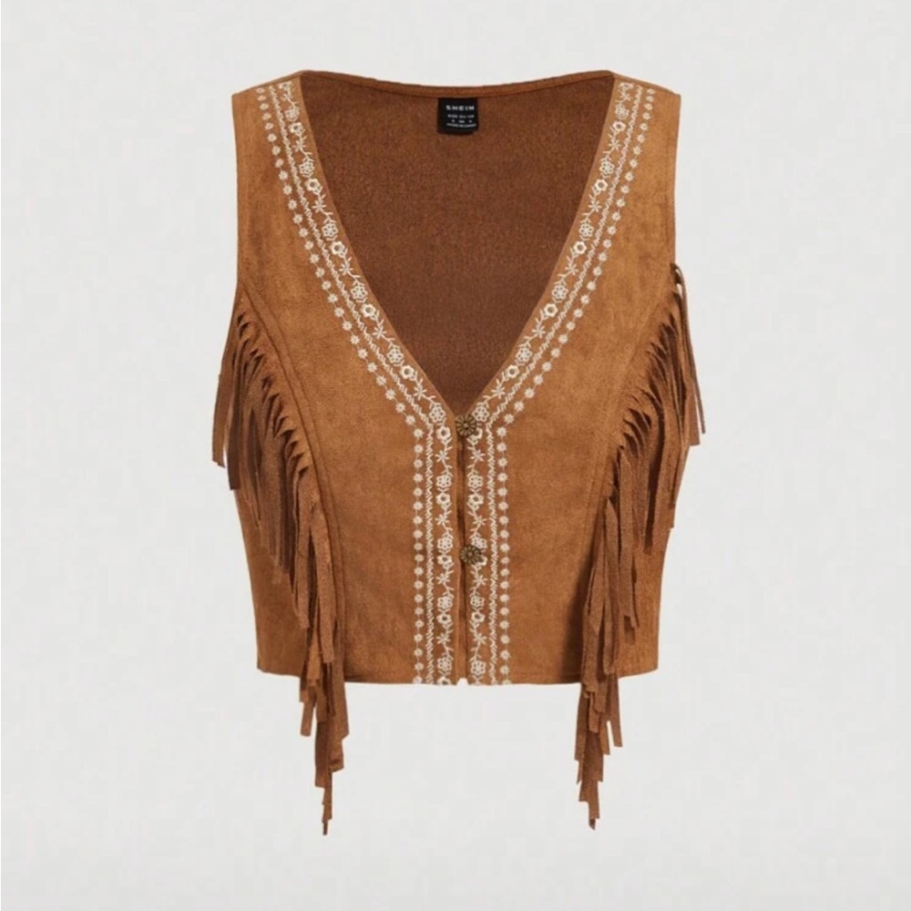 SHEIN Tan Fringe Vest with Embroidery